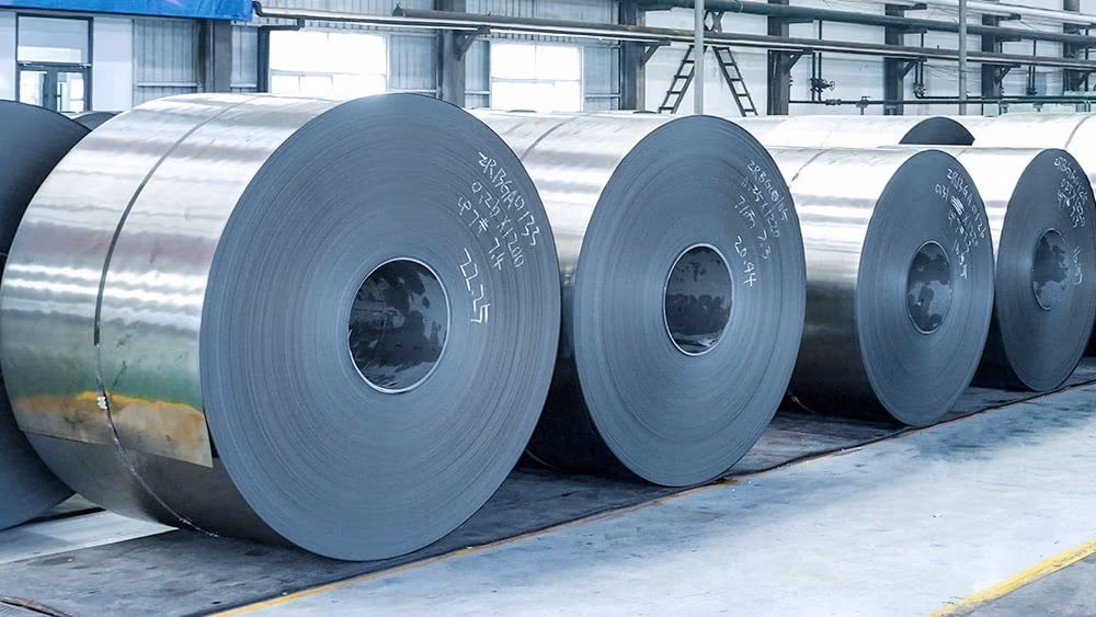 Rows of cold-rolled steel coils in the production facility