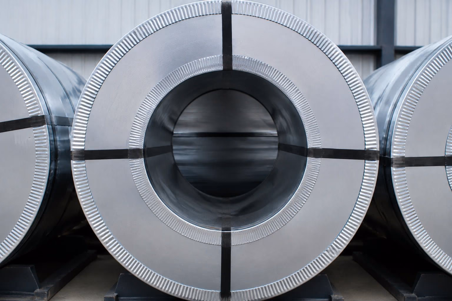 Front view of a galvanized steel coil in storage