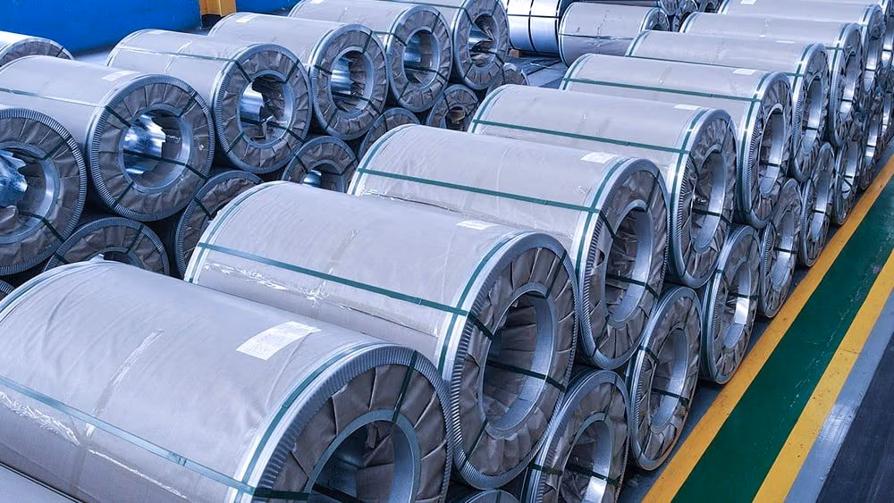 Rows of galvanized steel coils stored in the production facility